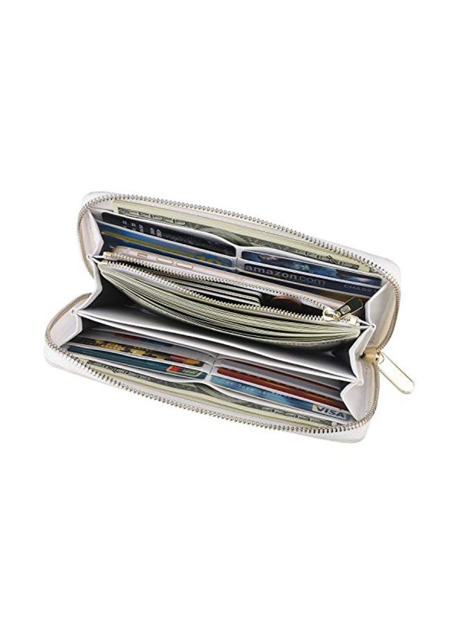 HEFANG RFID Checkered Leather Zip Around Wallet Beige/Blue - Image 4